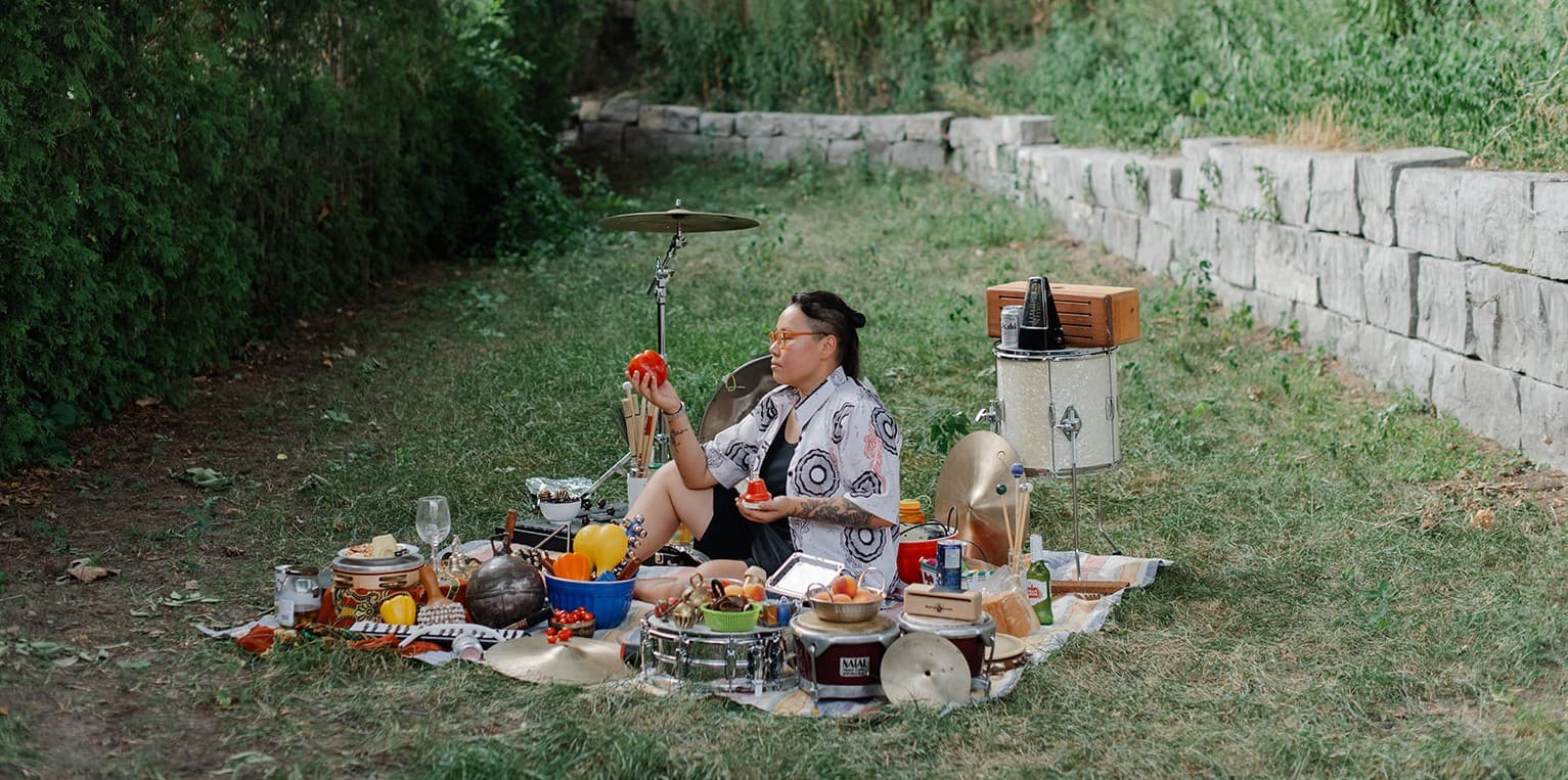 Yang Chen with percussion instruments